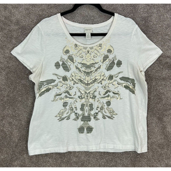 Chicos Zenergy Top Womens 3 XL 16 White Gold Metallic Short Sleeve Blouse Tee - Picture 2 of 8